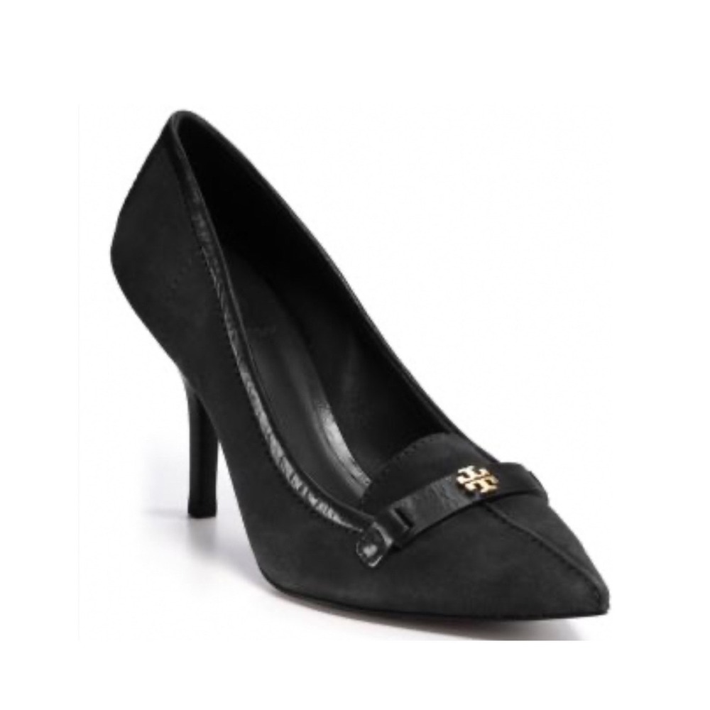 Tory Burch Black Suede Leather Pointed Toe Logo Pumps Stiletto Heels 10M